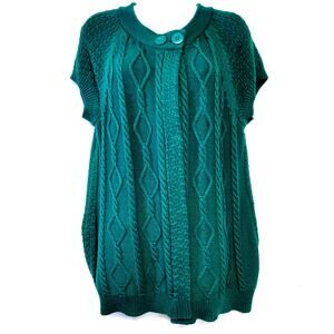 Kim Rogers Sweater Cardigan Womens Large Green Chunky Cable Knit Short Sleeves